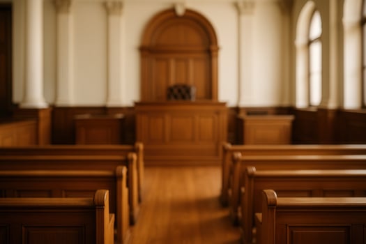 Elegant Courthouse Interior with Wooden Benches and Judicial Bench in Classic Architecture Style photo