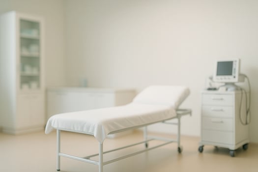Empty Clinic Room With Medical Bed and Equipment in Minimalist Interior for Healthcare Facility Design and Hospital Promotion photo