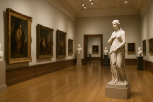 Historic Art Gallery Interior with Classic Marble Statue and Paintings on Display in Elegant Museum Setting photo