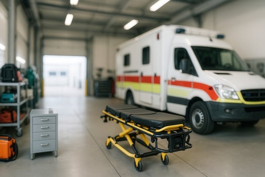 Hospital Ambulance Bay With Stretcher in Focus Showing Emergency Medical Response Area photo
