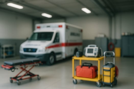 Ambulance Bay in Modern Hospital Facility Featuring Emergency Equipment and Tools for Medical Services in a Bright Industrial Garage Setting with Advanced Life Saving Devices photo