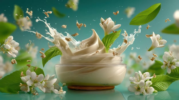Cream splash with flowers, natural beauty, skincare, freshness. photo