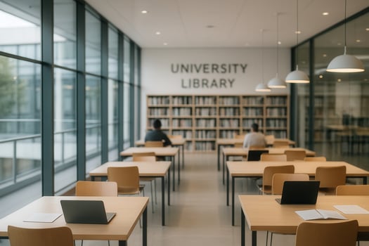 Modern University Library with Glass Walls and Study Tables Filled with Laptops and Books for Academic Learning photo