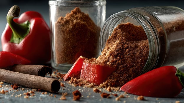 Chili powder and red peppers, spices in glass jars. photo