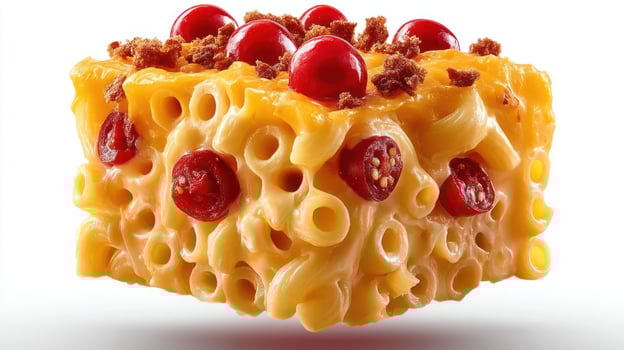 Close-up of mac and cheese pizza with pepperoni and breadcrumbs. photo