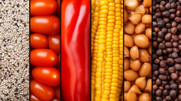 Fresh vegetables and grains arranged in vibrant rows showcasing healthy eating and cooking options photo