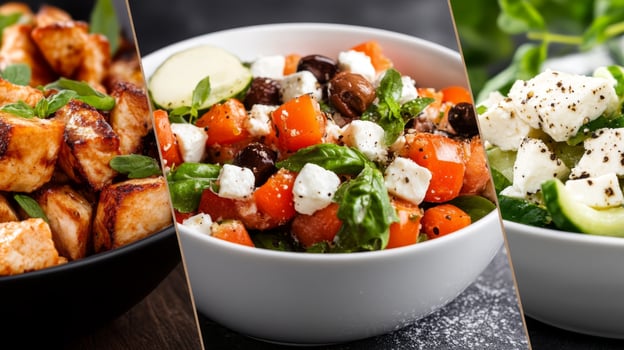 Healthy and fresh gourmet salads with grilled chicken and vibrant vegetables displayed on a wooden table photo