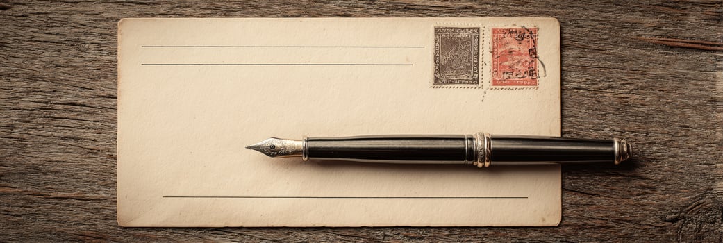 Vintage Postcard With Antique Pen Resting Above Empty Message Space and Stamps on Rustic Wooden Table photo