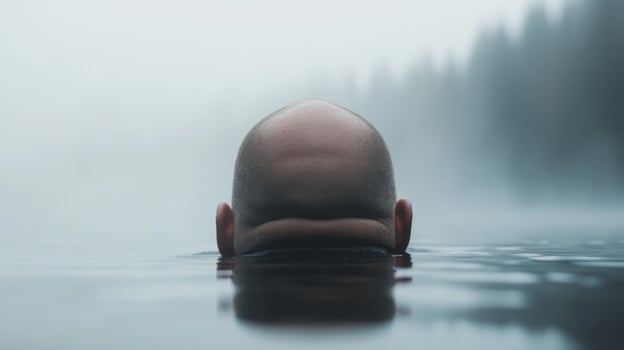 Calm waters reflect a misty landscape with a person submerged to the neck in serene natural surroundings photo