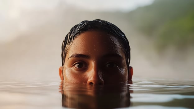 Young person immersed in serene water, with steam rising in a tranquil natural setting during sunrise photo