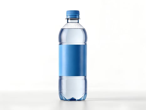 Clear Plastic Water Bottle with Blue Cap and Label on White Background photo