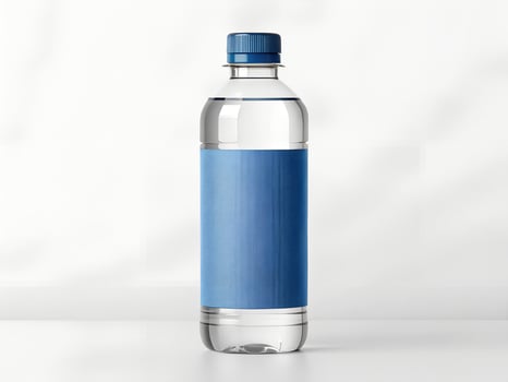 Clear Plastic Water Bottle with Blue Label and Cap on White Background photo