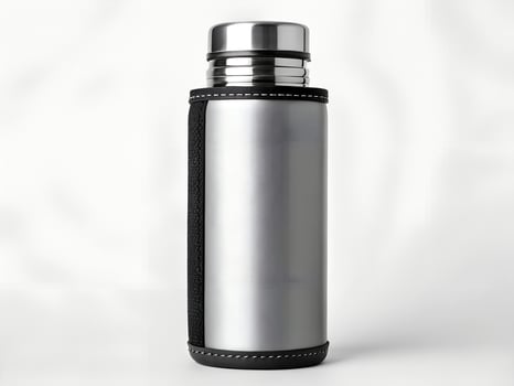 Silver Stainless Steel Water Bottle with Black Sleeve on White Background photo