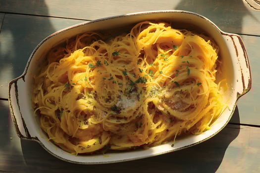 Delicious spaghetti squash pasta served in a rustic white baking dish with fresh parsley and parmesan cheese photo