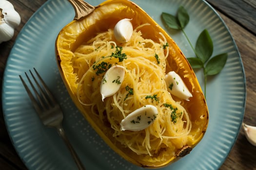 Spaghetti squash with garlic and herbs served in its own shell photo
