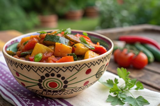Close up of delicious Georgian vegetable stew served in a decorative bowl on a wooden table. photo