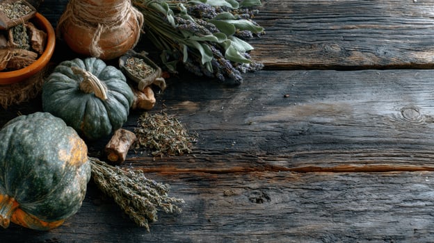 Autumn Squash and Dried Herbs Arranged on Rustic Wooden Background Creating a Seasonal Harvest Display photo