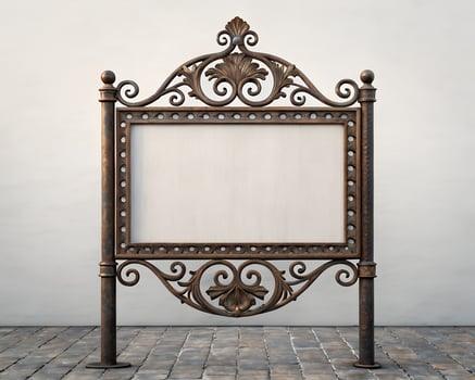Blank Ornate Metal Sign with Floral Frame Against a Stone Wall photo
