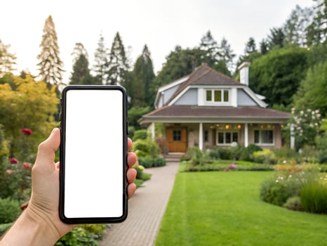 Hand Holding Smartphone with Blank Screen in Front of Suburban House photo
