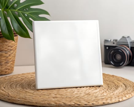 White Square Blank Canvas Mockup on Woven Mat with Camera and Plant photo