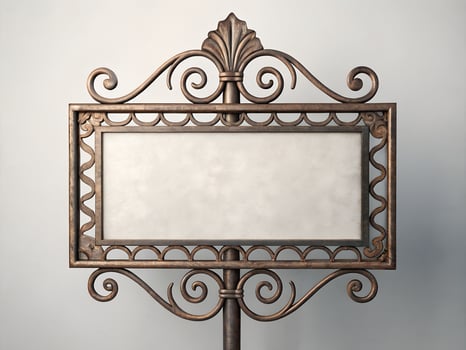 Ornate Wrought Iron Blank Signboard on Stand photo