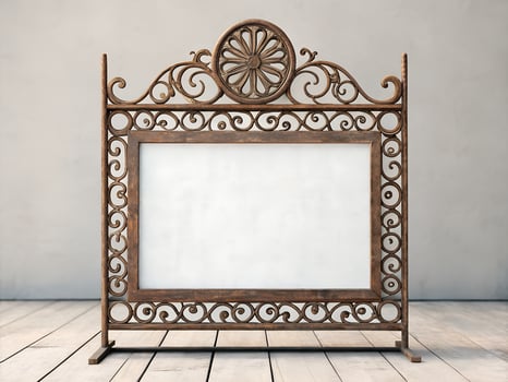 Ornate Wrought Iron Frame with Blank White Center Against Beige Wall photo