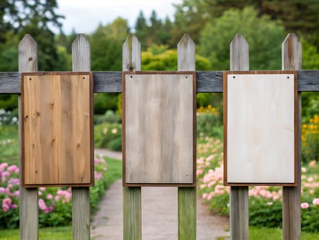Three Blank Wooden Signs on Rustic Garden Fence photo