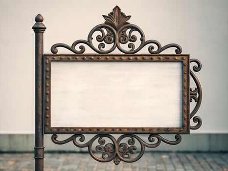 Blank Ornate Wrought Iron Sign with White Background photo