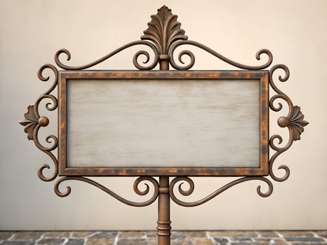 Blank Ornate Wrought Iron Sign with Aged Metal Frame photo