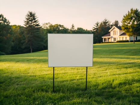 Blank White Real Estate Sign in Green Field with House Background photo