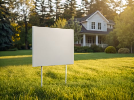 Blank Real Estate Sign in Green Grass with House Background photo