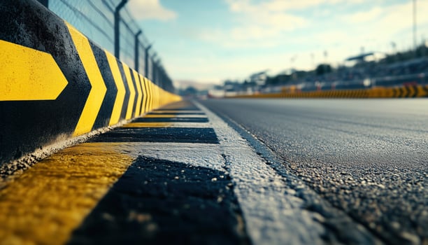 Side View Of Asphalt Racing Track With Yellow And Black Arrow Concrete Railing Depicted From An Angular Perspective photo