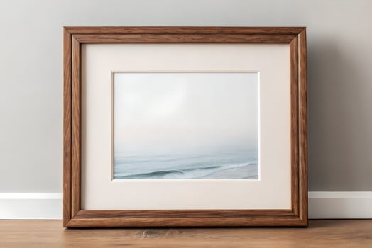 Calm Seascape Framed in Rustic Wood on Neutral Background photo