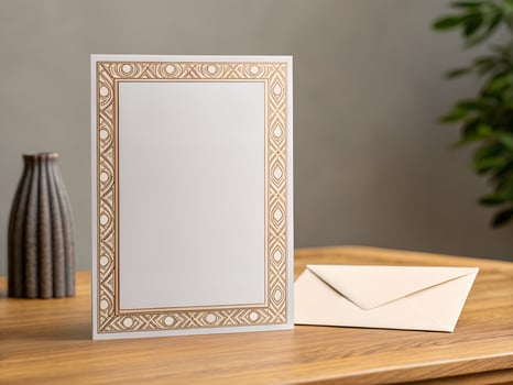 Elegant Rose Gold Wedding Invitation Card Mockup on Wooden Table photo