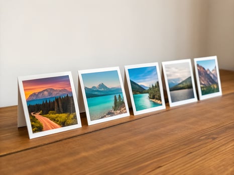 Five Landscape Photo Cards Displayed on Wooden Table