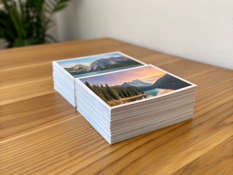 Stack of Landscape Photo Prints on Wooden Surface