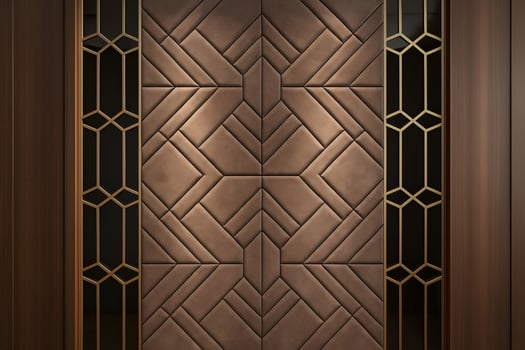 A wooden door with a gold pattern photo