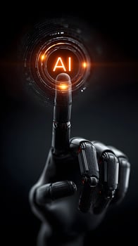 Close-Up of a Human Finger Engaging with a Glowing AI Symbol on a Digital Screen photo