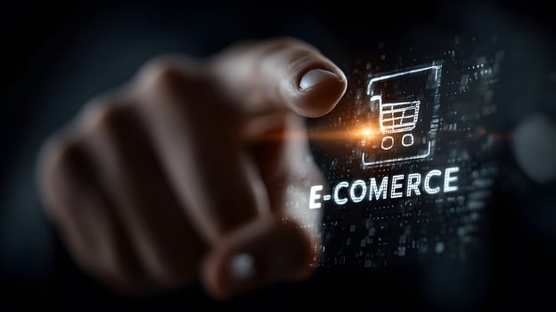 AI Businessman Reaching for Floating E-Commerce Icon with Chart photo