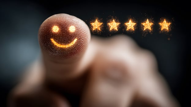 Close-Up Image of a Human Finger Rating a Service with Five Glowing Stars photo