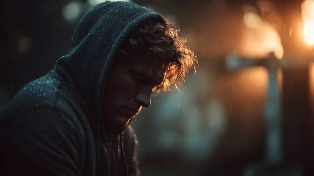 Solemn Prayer of Faith - Christian Man in Reverence by the Cross photo