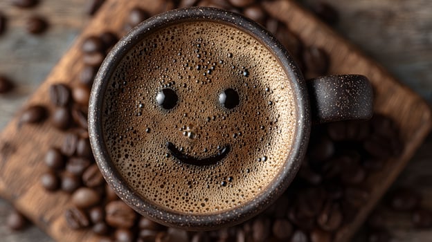 Morning Bliss - Cozy Coffee Cup with Foam on Rustic Wood Background photo