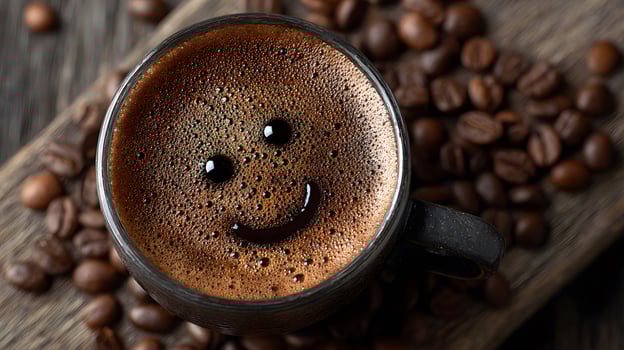 A Delightful Cup of Coffee with Foam and a Friendly Smile photo