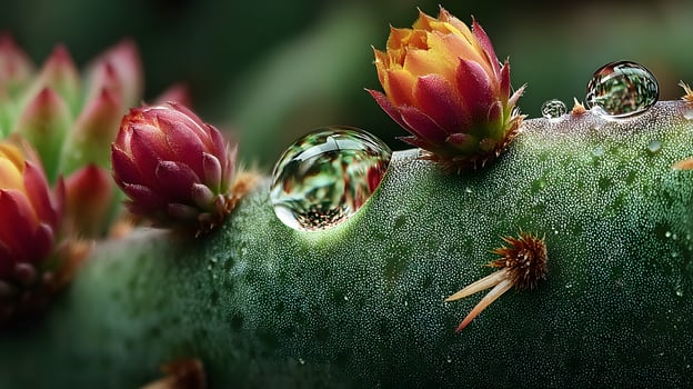A Crystal Clear Dewdrop on a Cactus Spine Capturing a Green Oasis photo