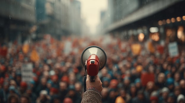 Powerful Protest Rally Captured with Diverse Marchers and a Megaphone photo