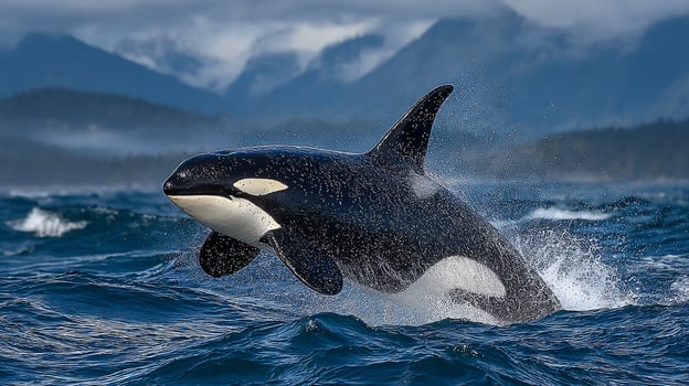 An orca killer whale is jumping out of the water photo