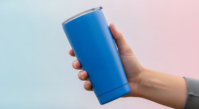 Hand holds a vibrant blue, stainless steel tumbler against a soft gradient background. photo