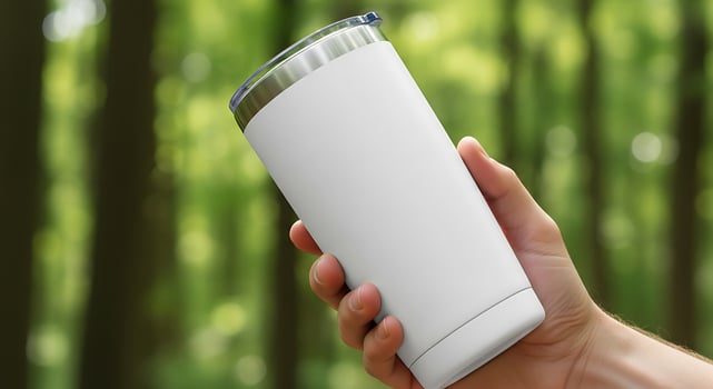 A person holds a blank white stainless steel tumbler against a green bokeh background. photo