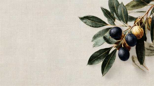 Olive Branches and Figs Arranged on Textured Linen for a Rustic and Elegant Setting photo
