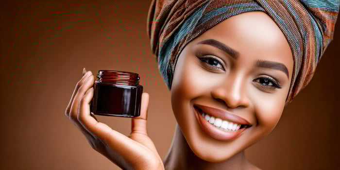 A woman with a turban holding a jar of black skin care photo